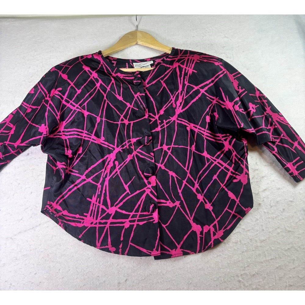Erica Simone Vintage 80's Geometric Jacket Blouse Size Large Sh Pads Black/Pink